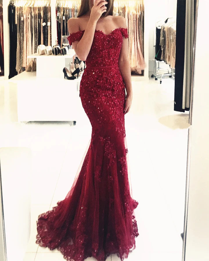 Purple lace mermaid evening dress off the shouler prom gowns with pearl beaded cg14038