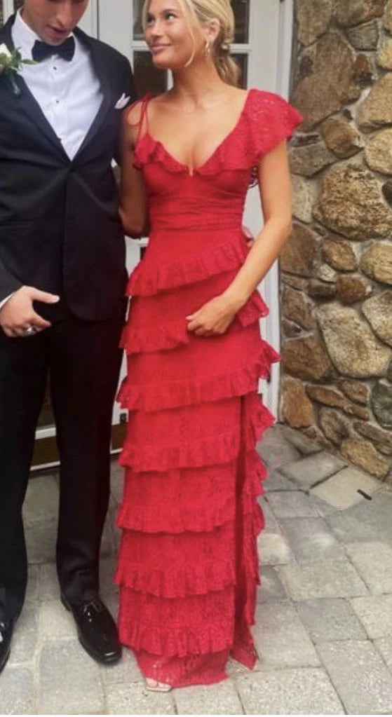 A-Linie Langes Ballkleid aus roter Spitze cg24898