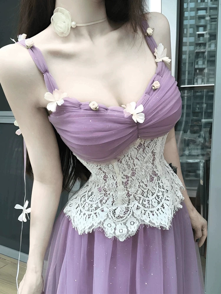 Purple floral halter dress, fitted waist long skirt G018