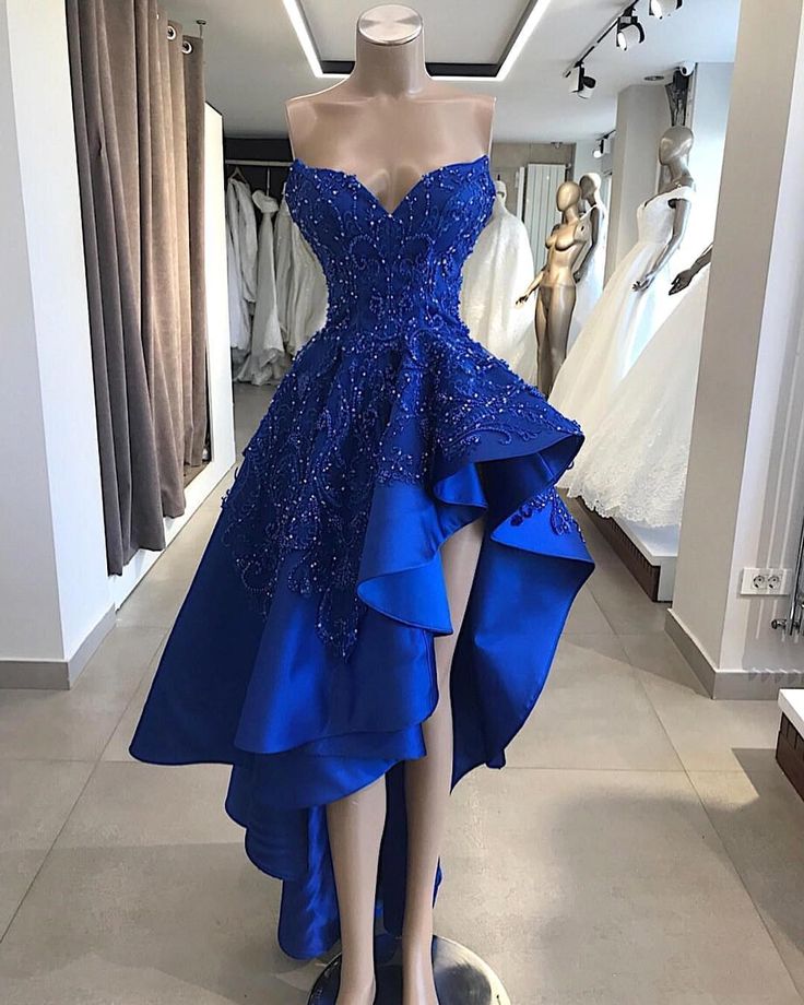 Royal Blue High Low Evening Party Dresses Sweetheart Beaded Lace Applique Ruffles Skirt Summer Occasion Prom Gowns cg1995