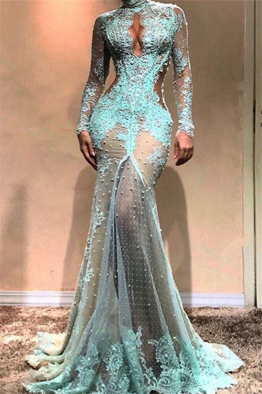 Sexy Spitze Perlen Langarm Abendkleid Ballkleid cg23325