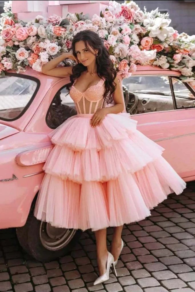 Off the Shoulder Tiered Pink Homecoming Dress cg22159