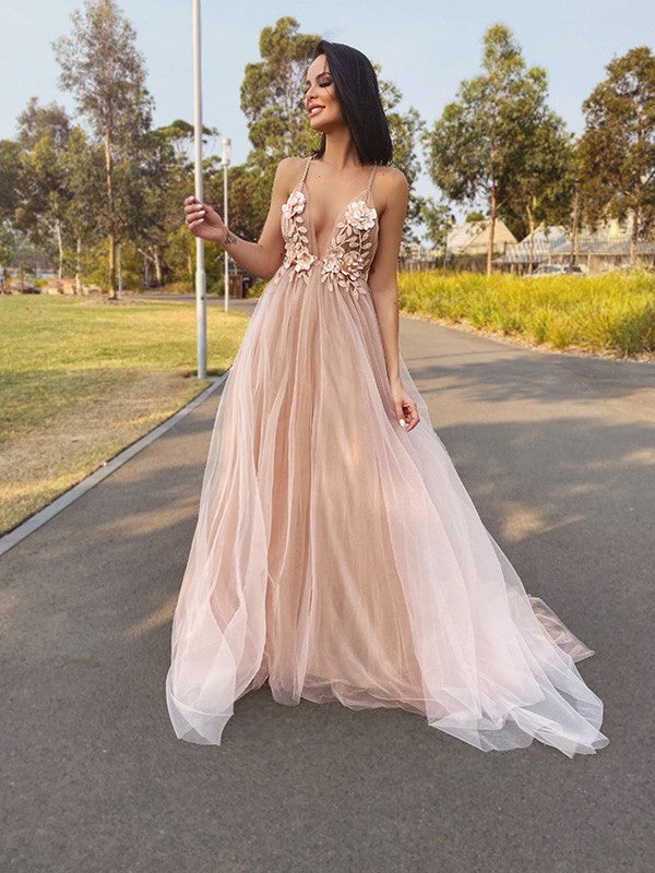 A-Line/Princess Tulle V-neck Hand-Made Flower Sleeveless Sweep/Brush Train Dresses Prom Dress cg20737