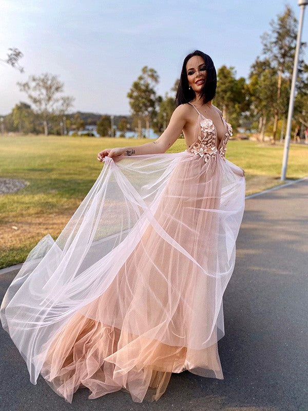 A-Line/Princess Tulle V-neck Hand-Made Flower Sleeveless Sweep/Brush Train Dresses Prom Dress cg20737