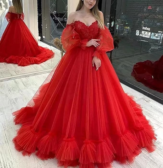 Elegant Red Tulle Ball Gown prom Dresses cg15856