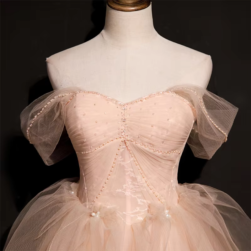 Pink Tulle Princess Beaded And Lace Long Formal prom Dress, Pink Party Dress Evening Dress cg21801