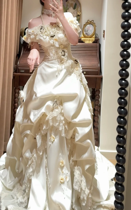 Off The Shoulder Satin Prom Party Dress With Flowers Evening Dress Birthday Dress cg26253