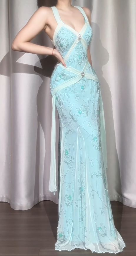 Vintage Blue Beaded Long Prom Dresses Formal Party Dress Birthday Outfit cg26112