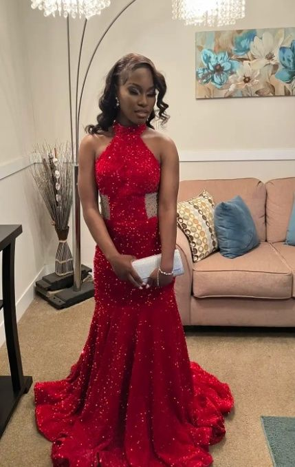 Elegant Halter Mermaid Long Prom Dresses Velvet Sequin Burgundy Evening Dresses cg26121