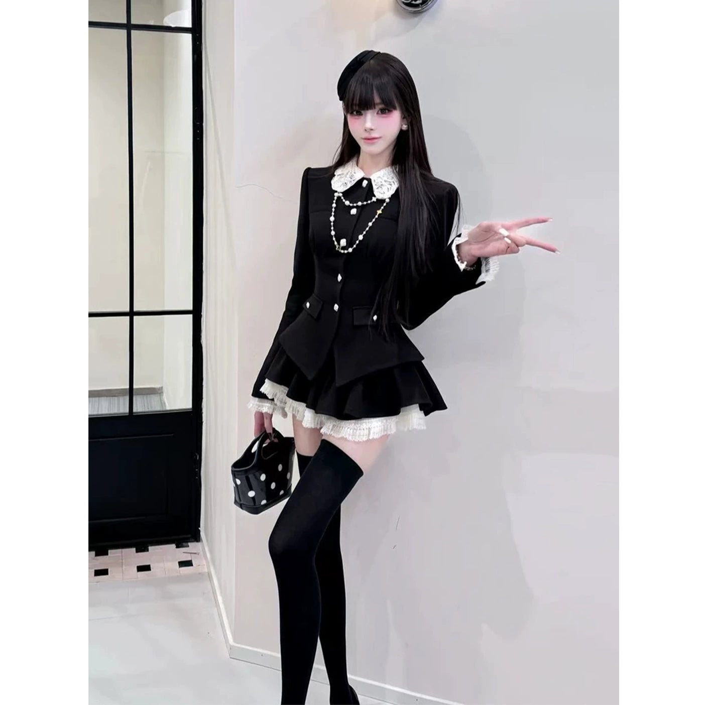 Women's Spring Patchwork Suit Jacket and Pleated Skirt Set G016
