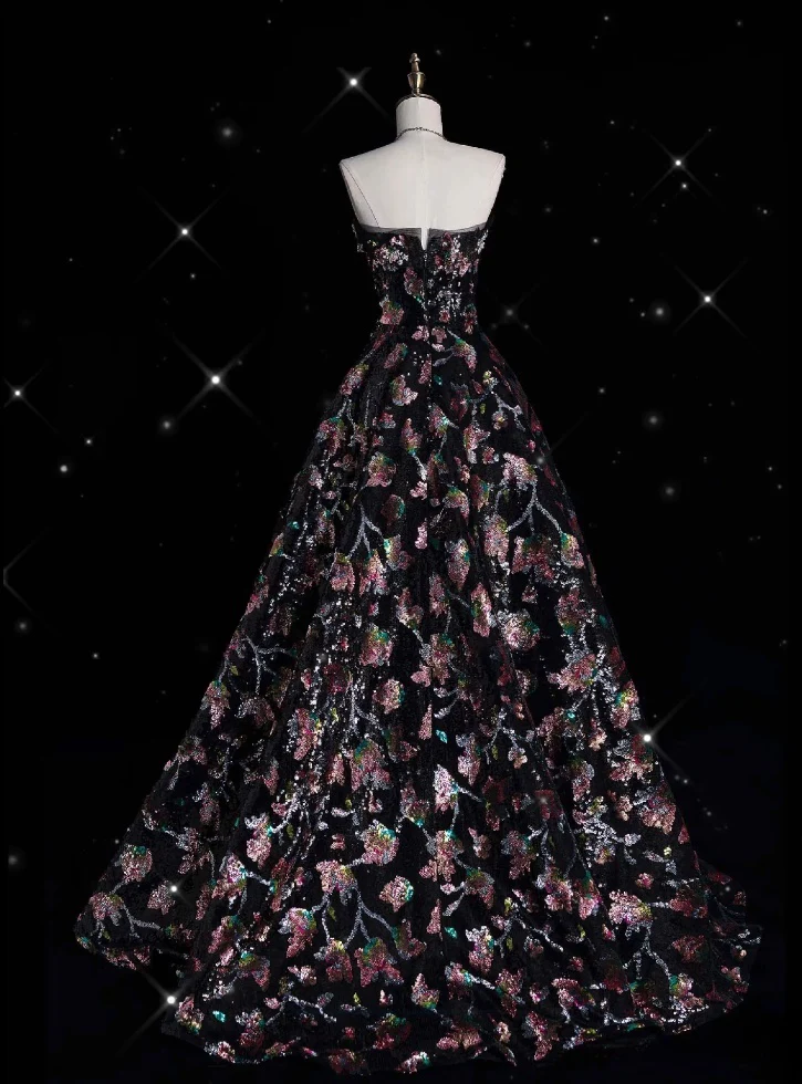 Fashion Ball Gown Strapless Black Floral Floor Length Evening Dress Prom Dresses cg26240