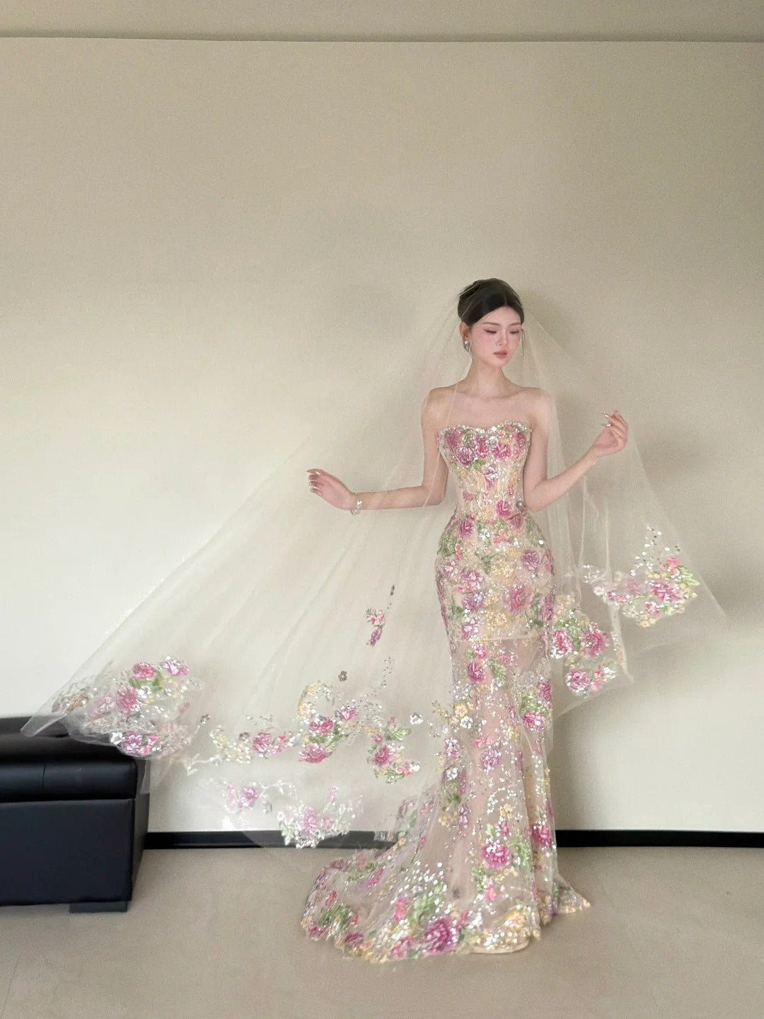 Popular Strapless Sequins Floral Prom Dress Appliques Mermaid Evening Dress CY0035