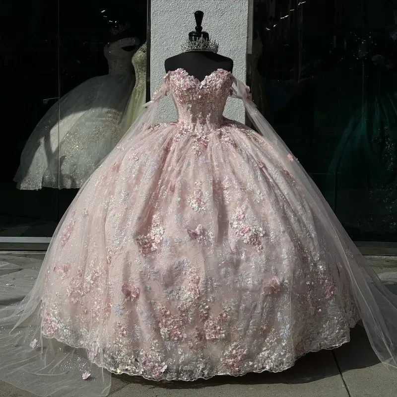 A Line Pink Off Shoulder Quinceanera Dress Lace Appliques Sweet 16 15 Ball Gown cg25908