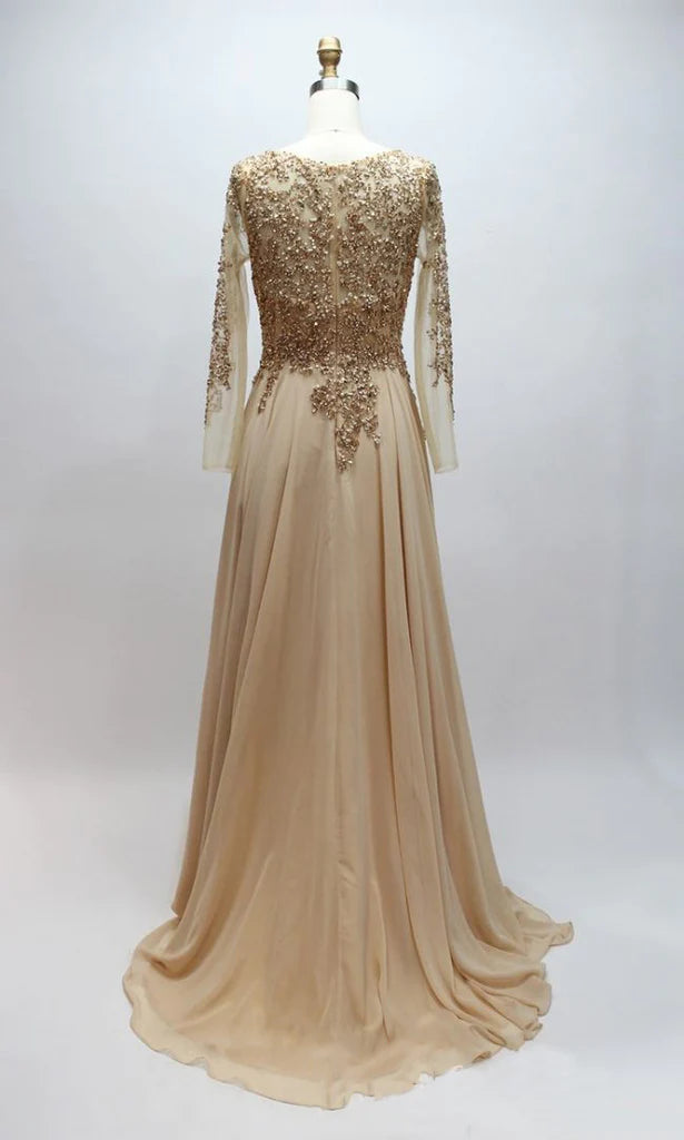 A-line Scoop neck Chiffon with Beaded Long Sleeves Prom Dresses cg20112