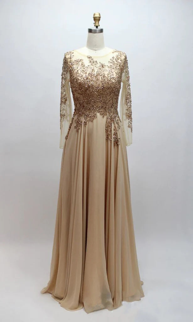 A-line Scoop neck Chiffon with Beaded Long Sleeves Prom Dresses cg20112