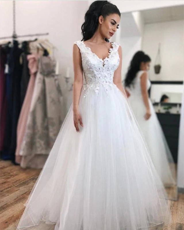 Lace V-neck Tulle Floor Length Prom Dresses Elegant Evening Gowns cg14058