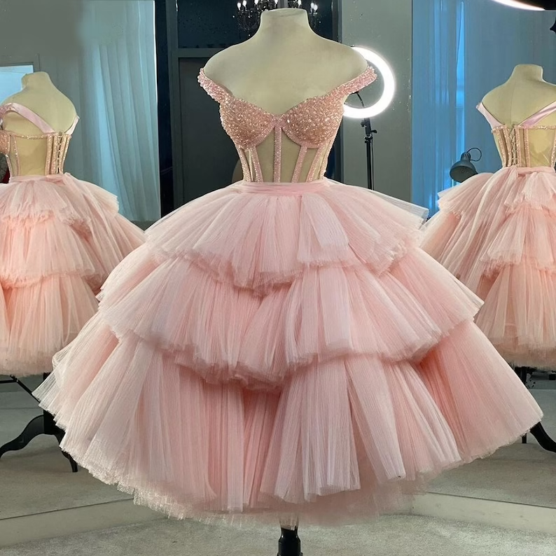 Off the Shoulder Tiered Pink Homecoming Dress cg22159