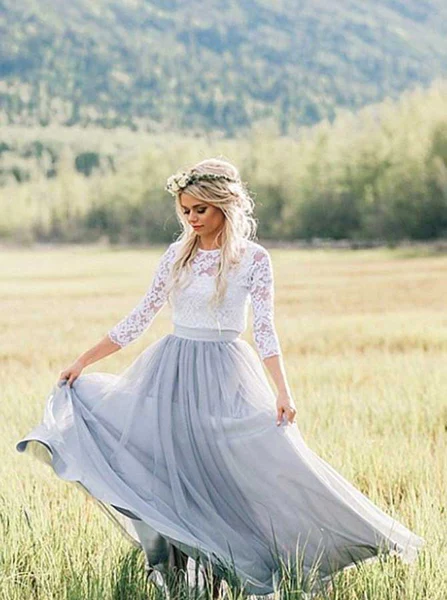 Lace Tulle 3/4 Sleeves A Line Formal Long Bridesmaid prom Dresses for Weddings cg6486