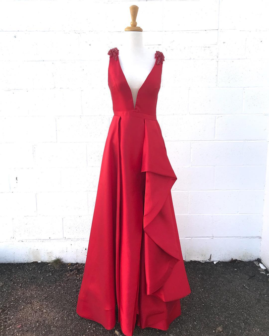 Charmantes Abendkleid aus rotem Satin mit V-Ausschnitt, bodenlanges A-Linien-Ballkleid cg5983