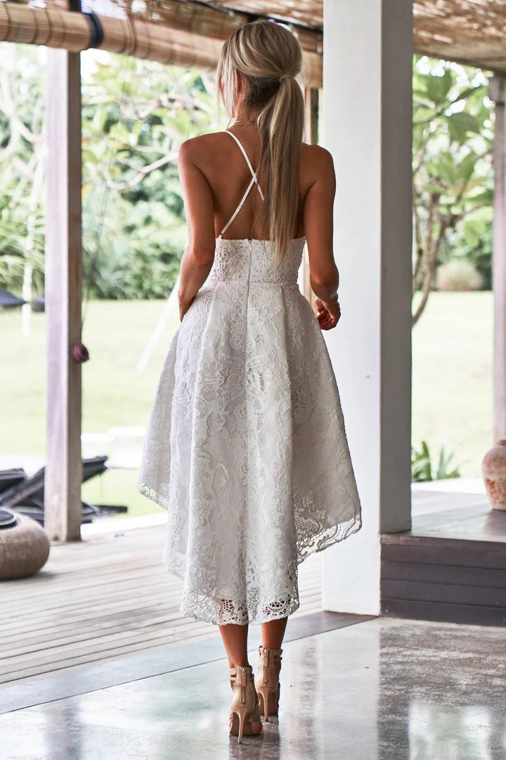 A-Line Spaghetti Straps White Lace High Low prom Dress with Pockets cg7145