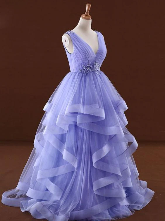 Lavender Tulle V-Neckline Layers Long Sweet 16 Dress, Light Purple Prom Dress Party Dress cg19681