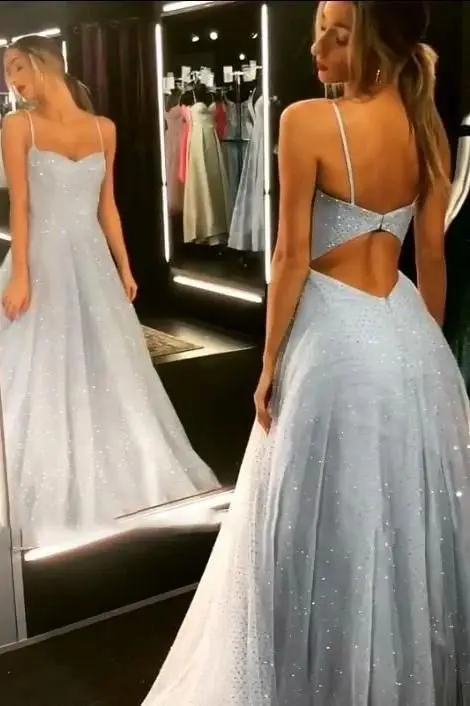 Sparkly Silver Grey Open Back Long Prom Dress, Silver Gray Backless Long Formal Graduation Evening Dress cg12383