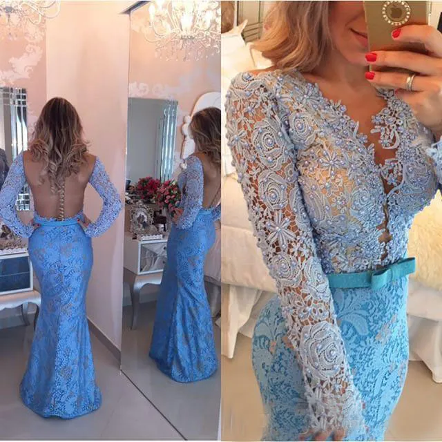 Prom Blue Fit To Flare Long Sleeves Floor Evening Dress cg7696