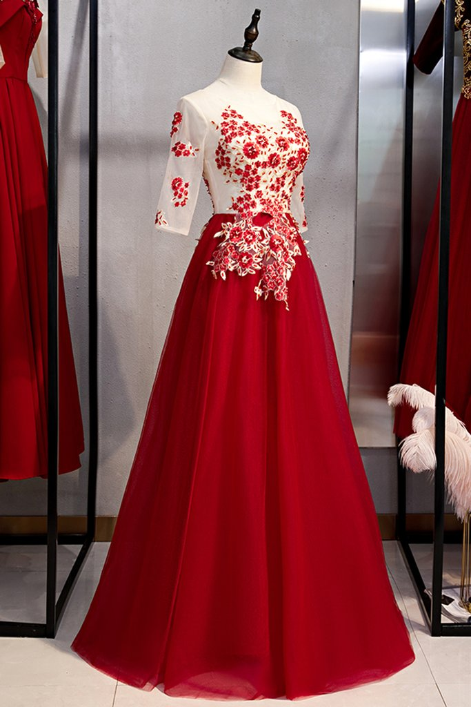 New Arrivals Burgundy Tulle 3/4 Sleeves Round Neck Lace Up Prom Dress With Applique cg6539