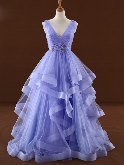 Lavender Tulle V-Neckline Layers Long Sweet 16 Dress, Light Purple Prom Dress Party Dress cg19681
