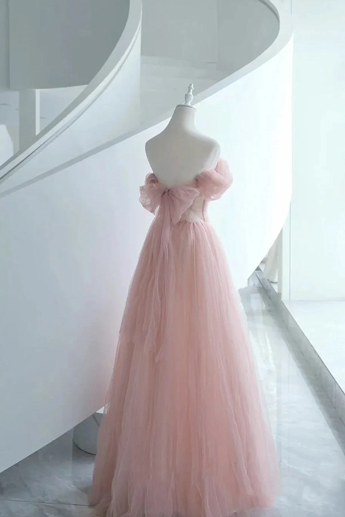 Pink Tulle Scoop A-line Floor Length Party Dress, Pink Off Shoulder Formal Dress Prom Dress cg25013