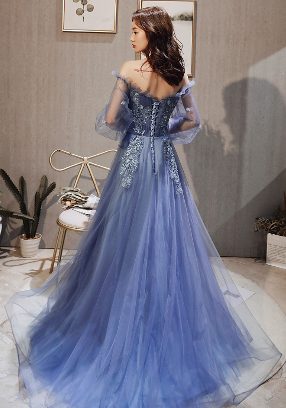 Blue Purple Tulle Long Sleeves Lace Applique Formal Gown, Blue-Purple Evening Dress Prom Dress cg21874