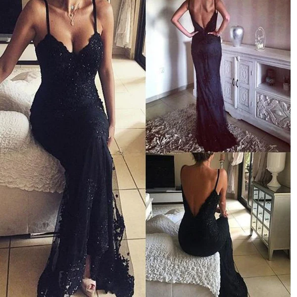 Spaghetti Straps Appliques Backless Sheath Prom Dresses cg15645
