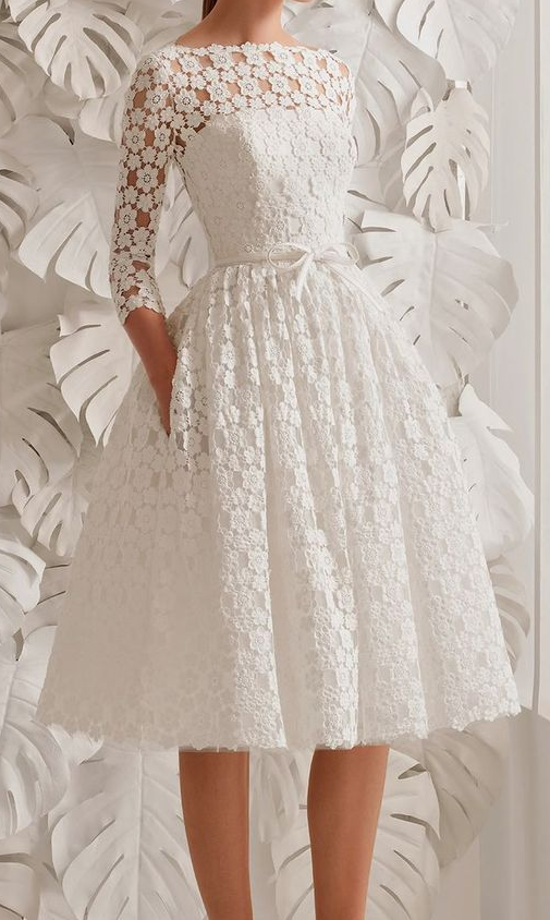 weißes Ballkleid, 3/4-Ärmel Spitzen-Ballkleid, kurzes Ballkleid, Abendkleid mit Rundhalsausschnitt, knielanges Ballkleid, kurzes A-Linien-Partykleid cg1589