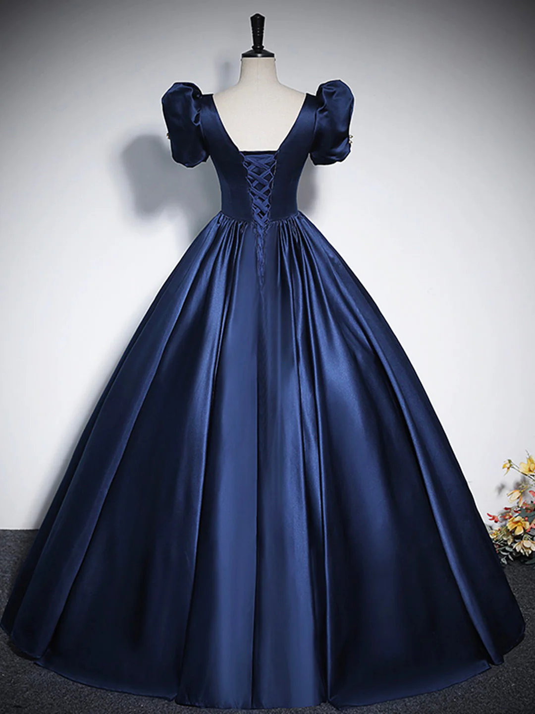 Elegant Blue Satin Floor-Length Prom Dresses, Square Neckline Puffy Short Sleeve Bow Formal Dresses cg25015