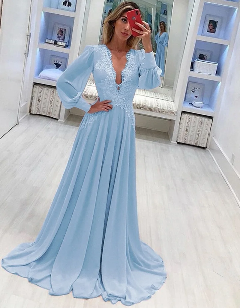 Blue Chiffon Prom Dress , Long Sleeves Prom Dress cg15525 classygown Blue Chiffon Prom Dress , Long Sleeves Prom Dress cg15525 classygown