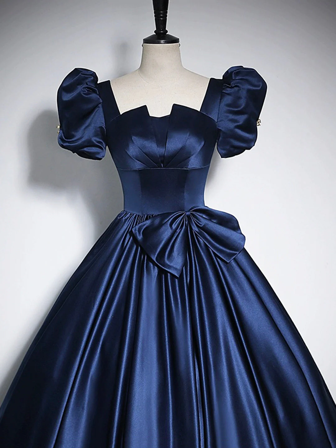 Elegant Blue Satin Floor-Length Prom Dresses, Square Neckline Puffy Short Sleeve Bow Formal Dresses cg25015