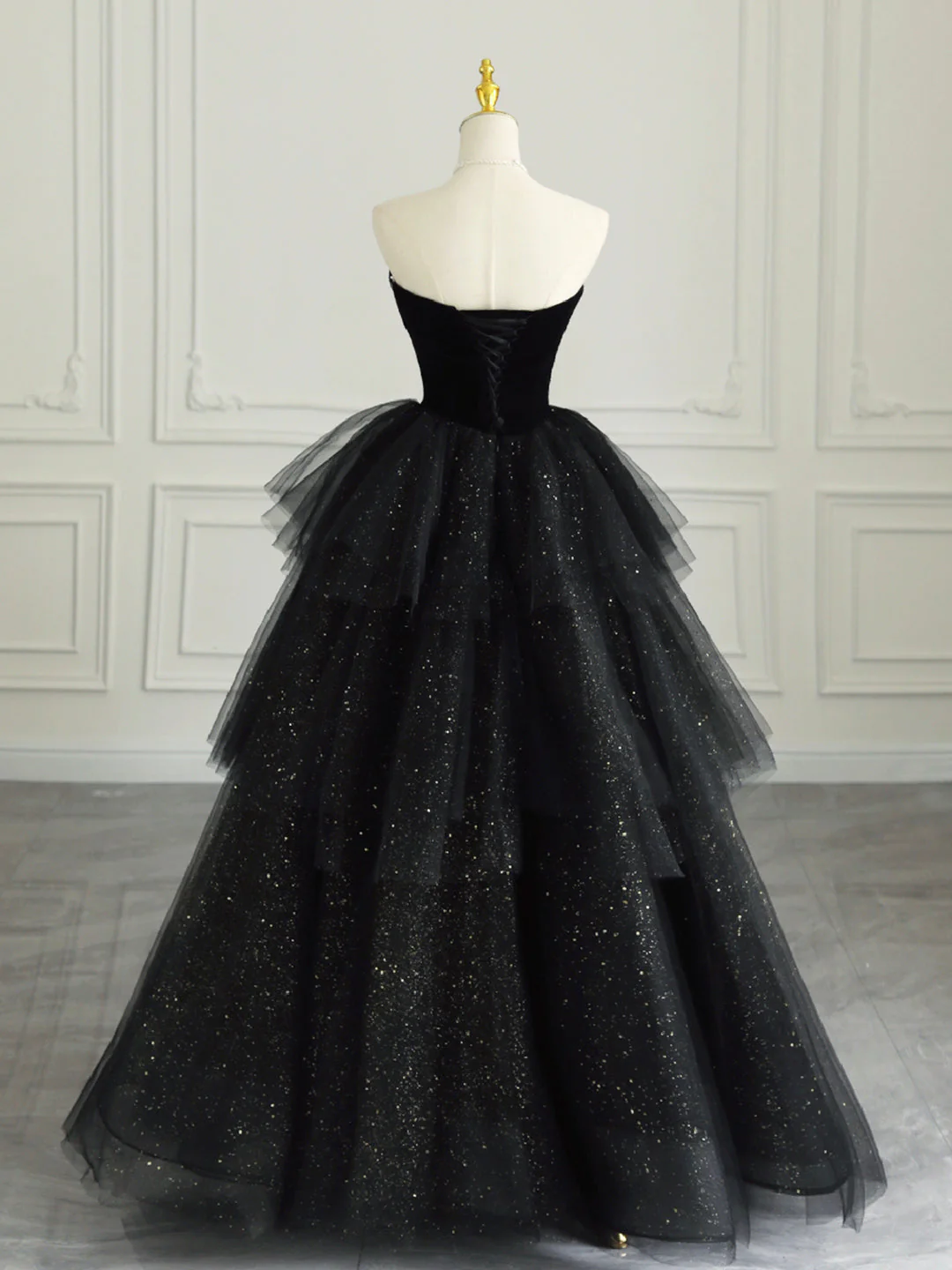Black Strapless Tulle Formal Dress with Velvet, A-Line Sweetheart Neck Long Prom Dress cg25038