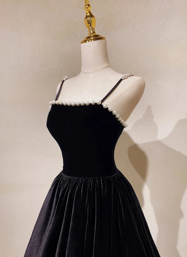 Spaghetti Strap Velvet Long Prom Dress with Pearls, Black Evening Dress Party Dress cg25041