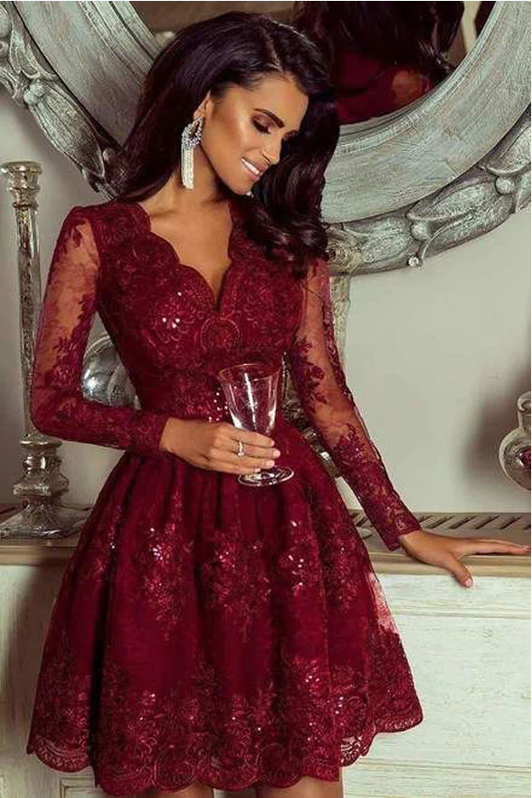 Long Sleeves Burgundy Lace Formal Evening Homecoming Graduation Dresses cg7541