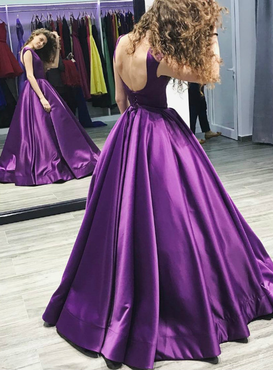 Purple Satin Lovely Ball Gowns Concise Cap Sleeves Evening Party prom Dress cg4273
