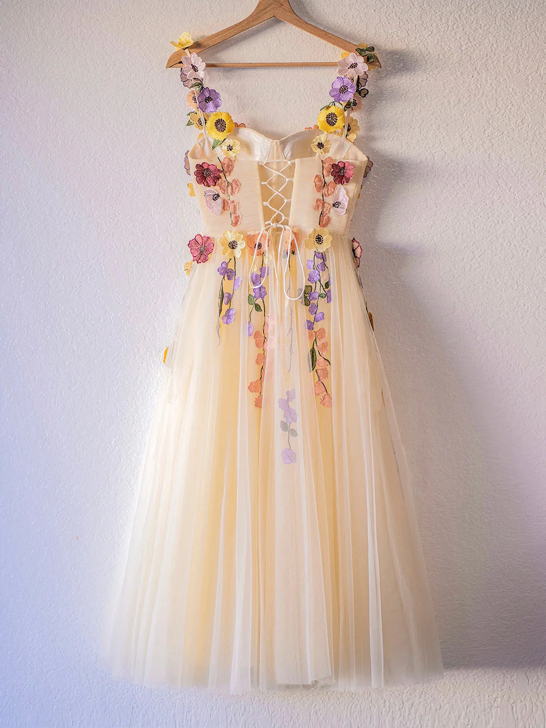 Champagne Corset Floral Tulle Party Dress, Cute A-Line Homecoming Dress cg25075
