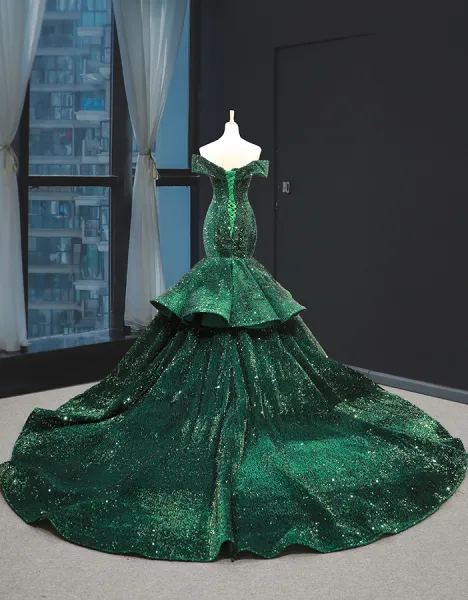 Green Mermaid Sequins Off the Shoulder Luxury Prom Dress With Train cg20312
