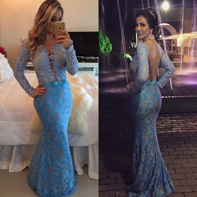 Prom Blue Fit To Flare Long Sleeves Floor Evening Dress cg7696