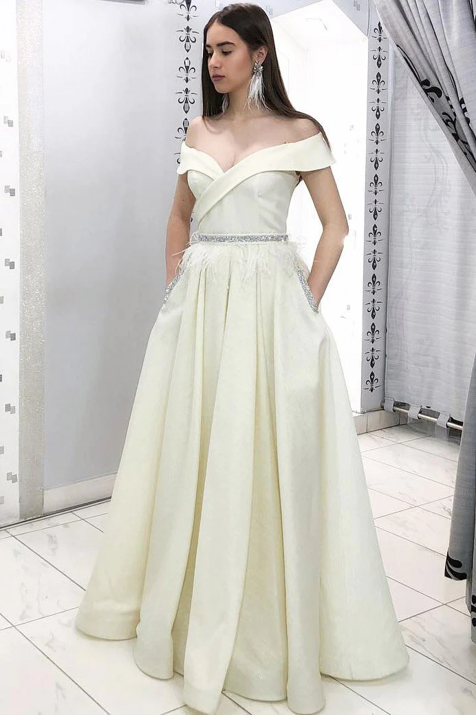 Elegant Off the Shoulder Beading Ivory prom Dress with Pockets cg5610