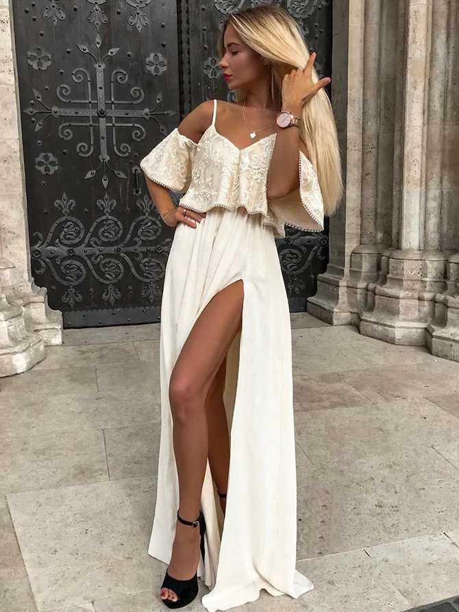 Fancy Spaghetti Straps Cold Shoulder Split Prom Dress Ruffles cg5624