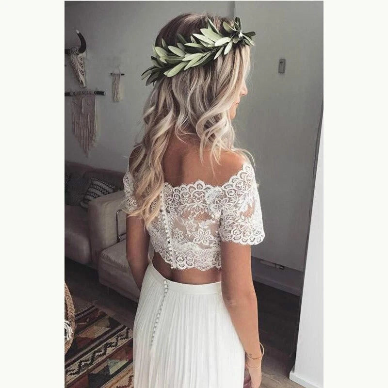 Boho Chic Lace Crop Chiffon Prom Dresses Two Piece Boho Wedding Dresses cg9947
