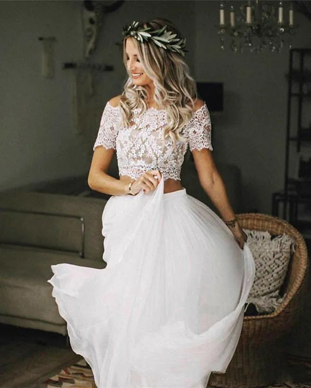 Boho Chic Lace Crop Chiffon Prom Dresses Two Piece Boho Wedding Dresses cg9947