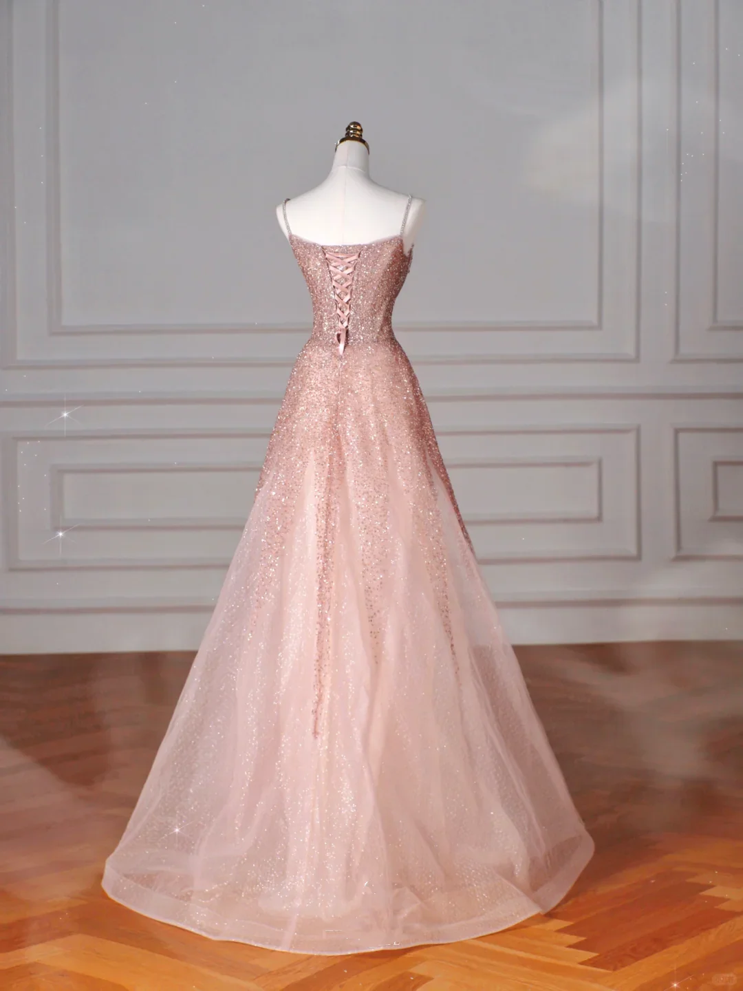 Pink Tulle Sequins Beaded Prom Dress Spaghetti Straps A Line Evening Dress cg26239