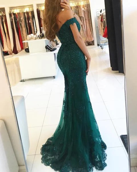 Purple lace mermaid evening dress off the shouler prom gowns with pearl beaded cg14038