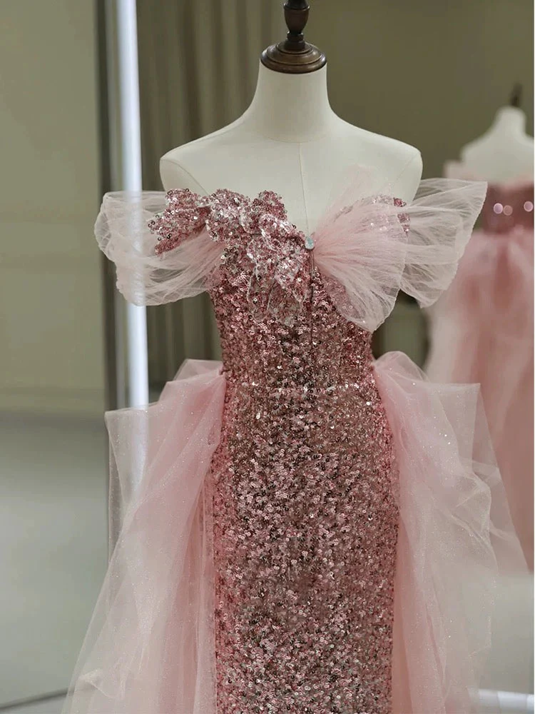 Sheath Off The Shoulder Pink Sequin Long Evening Dress Prom Dresses Birthday Outfits cg26199